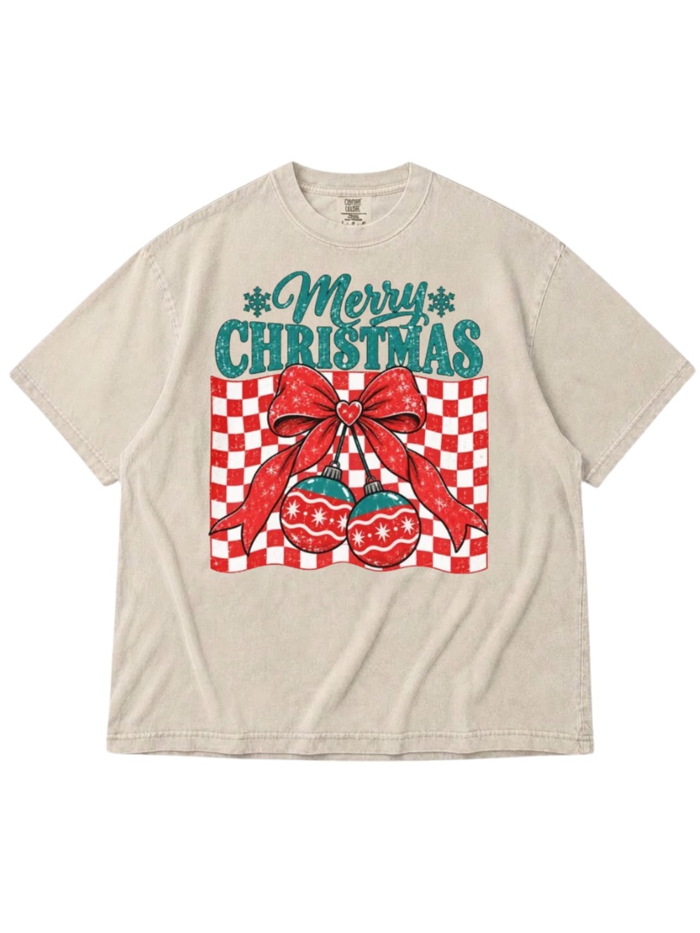 Merry Christmas Graphic Tee - Ivory with Red & Teal Ornament